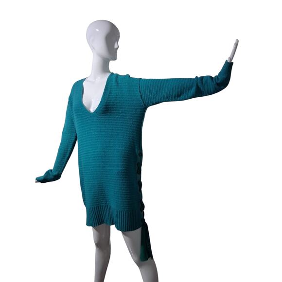 FREE PEOPLE Blue Heart It Laces Oversized Women's Small Grungecore Prep Sweater - Picture 11 of 13